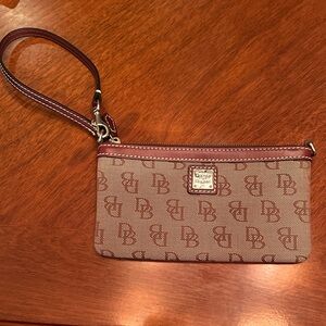 Dooney & Bourke Tan and Brown Logo Wristlet with Leather trim and strap